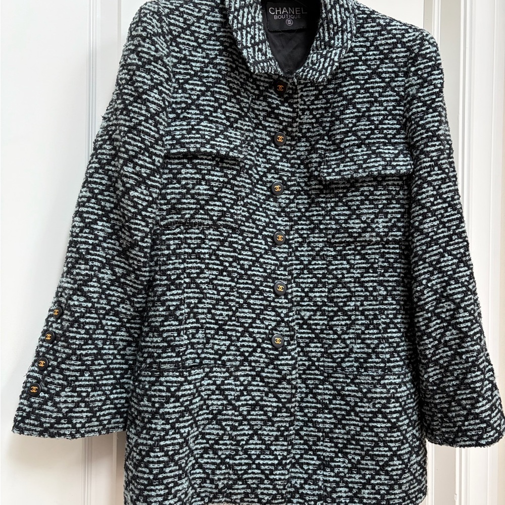 Vintage CHANEL Black Blue Quilted Tweed Wool Mohair Blazer Duster Jacket Gold CC
